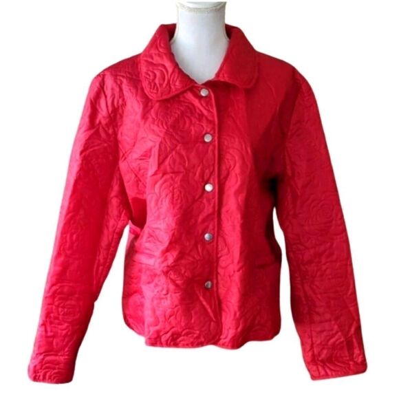 JG Hook Womens Red Lightweight Jacket Size XL Rose Pattern Snap Closure - Picture 3 of 10